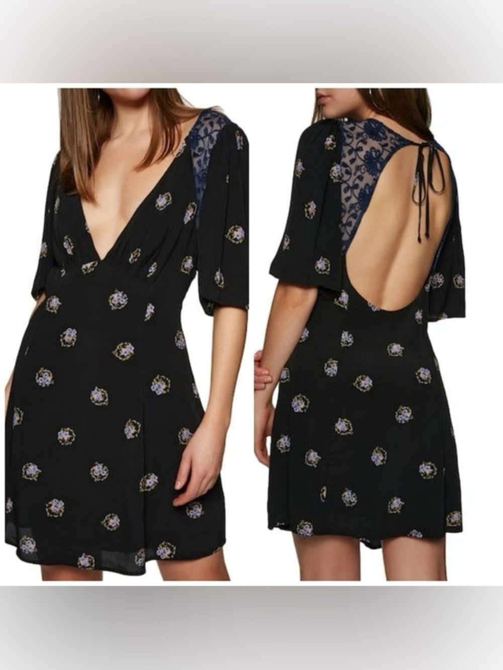 Free People Black Mini Dress with Blue Lace Yoke and Lavender Floral Print